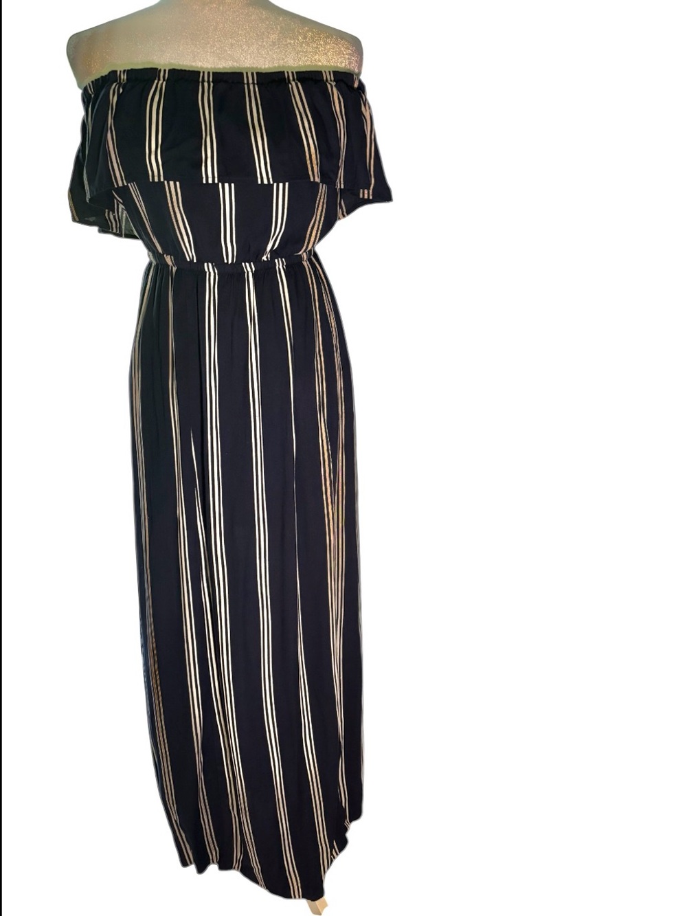 Express Navy Blue Striped Off-the-Shoulder Maxi Dress | Flowy Summer Dress |